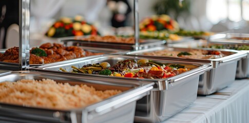 Wall Mural - Catering at a wedding party or corporate event with chafing dishes filled with different dishes