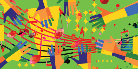 Wall Mural - Music background with colorful G-clef, music notes and hands vector illustration design.