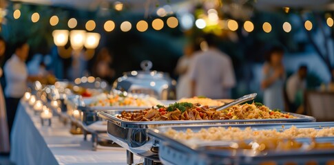 Close up of luxurious food on the table at a wedding party or corporate event, with chafing dishes and traditional dishes