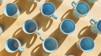 Poster - Sunny Day Display of Pastel Blue Ceramic Coffee Cups on Warm Beige Background with Consistent Spacing and Soft Shadows