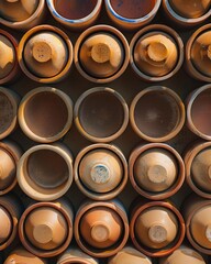 Poster - Warm Light-infused Aerial View of Symmetrical Light Brown Ceramic Cups, Emphasizing Geometric Patterns and Textured Background