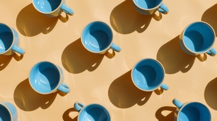 Poster - Patterns in Pastel: Blue Ceramic Coffee Cups on Warm Beige Background under Bright, Sunny Illumination