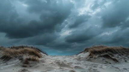 Wall Mural - Stormy sky over a sand dune on the beach