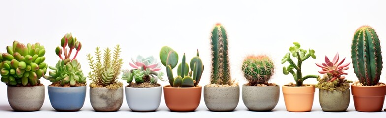 banner various types of miniature cactus pot rew on plant market wooden background shelf mexican floral botany desert plants succulent