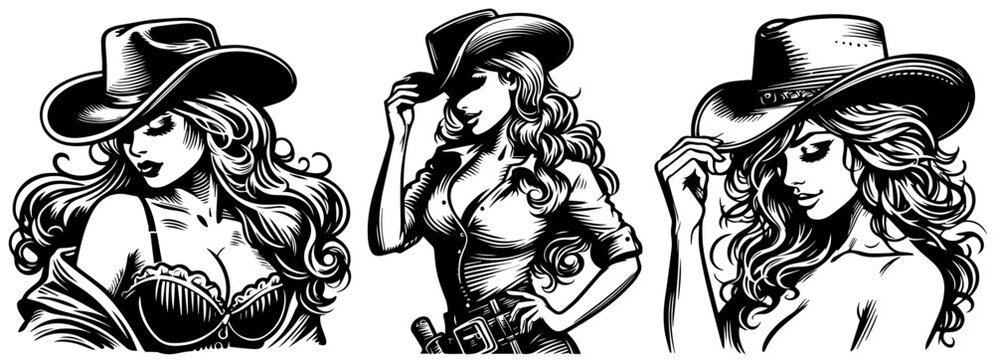 cowgirl pinup girl, black vector transparent background, pin-up woman nocolor silhouette sketch illustration, beauty lady comic character shape for laser cutting engraving print