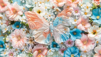 Poster - Cheerful Spring Scene with Colorful Blooming Flowers, Vibrant Butterfly, and Green Grass, Perfect for Springtime Messages