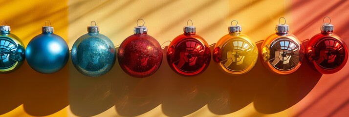 Poster - Colorful Symmetrical Christmas Ornaments Display on Solid Background, Capturing Playful Holiday Spirit