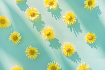Poster - Bright Yellow Daisies on Pastel Green Background in Sunny Spring Day Pattern