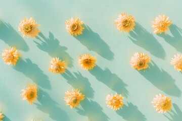 Poster - Vibrant Yellow Daisies Arranged on Pastel Green Background for Sunny Spring Day Feel