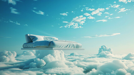 Wall Mural - Surreal scene of a bed floating among clouds in a clear blue sky. The minimalist white bed contrasts with the fluffy clouds and serene atmosphere.