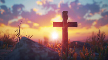 Wall Mural - Wooden cross in focus against a serene sunset background with scattered clouds and wild grass in the foreground, creating a peaceful and reflective scene.