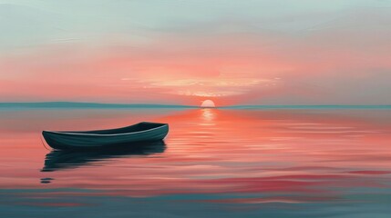 Wall Mural - Sunset boat on a lake for peaceful and nature themed designs