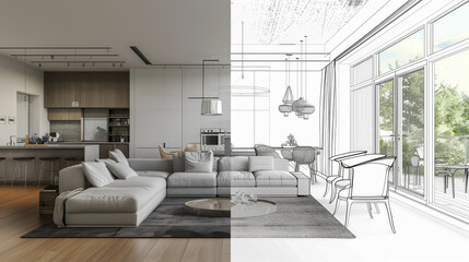 Poster - Modern open-concept living room and kitchen interior half in realistic rendering and half in architectural sketch, showcasing contemporary design elements and furniture arrangement.