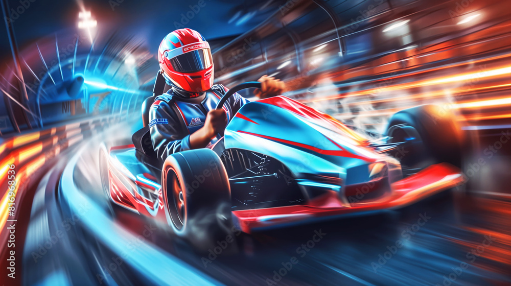 Dynamic scene of a go-kart racer speeding around a track at night ...