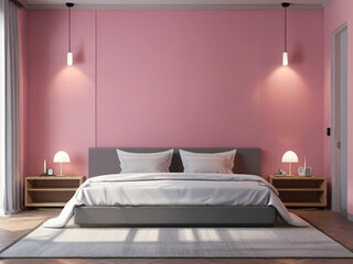 Realistic front view pink Bed room interior design, pink wall and gray bed, 3d render, v-ray, hyper-realistic