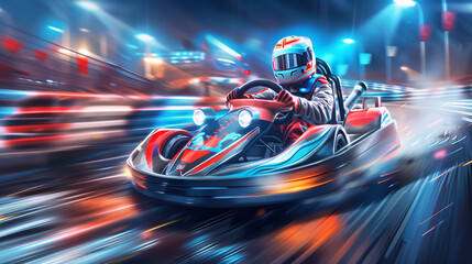 Wall Mural - Dynamic image of a go-kart racer driving at high speed on a brightly lit track with motion blur effects, emphasizing excitement and action.