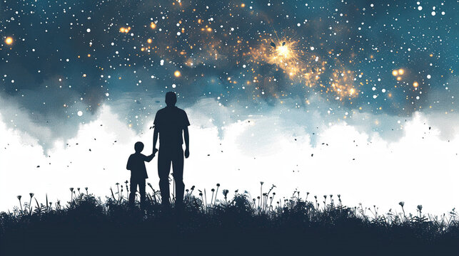 black silhouette of father with his kid holding hands in stars night background , fathers day , parents day, family card, space for text 