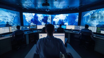 Wall Mural - Create an image of a state-of-the-art data analytics center, where analysts leverage big data algorithms to extract insights from vast volumes of maritime data for strategic decision-making