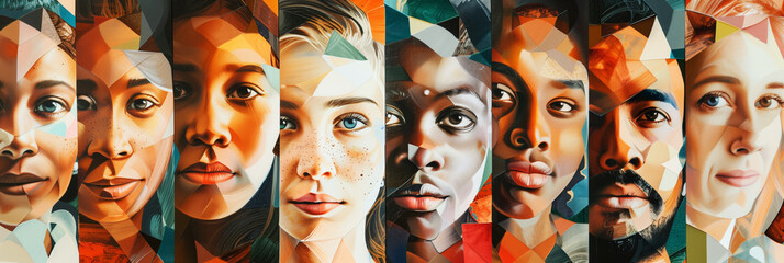 Wall Mural - Abstract, geometric portrait collage featuring a diverse group of individuals with varying skin tones and facial expressions, emphasized through vibrant, fragmented shapes.