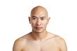 © Logo Majesty - Japanese bald man standing isolated against plain background. Asian bald male.