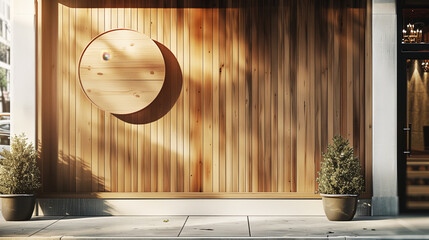 Wall Mural - A minimalist street scene featuring a wooden facade with a circular design element and two potted plants on either side. Subtle sunlight and shadows add a warm, inviting atmosphere.