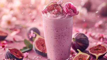Wall Mural - fig milkshake smoothie in a glass with chunks of fruit  , milk drink concept for brochures , menu card , business , cafes and restaurants advertisements  Background with copy space, 3d rendering
