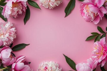 Wall Mural - frame made of beautiful peony flowers on a pink background. flat lay, copy space, summer flowers, sp