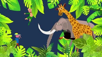 Wall Mural - Elephant giraffe and jungle amimals and birda animation cartoon