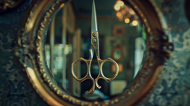 Vintage scissors with reflection in oval frame for barber or beauty salon designs