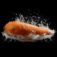 Wall Mural - Fresh sweet potato with water splash isolated on black background
