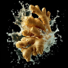 Wall Mural - Fresh ginger with water splash isolated on black background