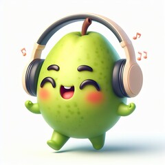 Wall Mural - cute 3D funny cartoon Guava with small wireless headphone on head smiling and dancing, white background