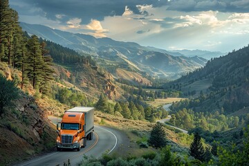 Wall Mural - A dynamic image capturing a professional delivery truck navigating through a bustling interstate highway, showcasing efficient transportation