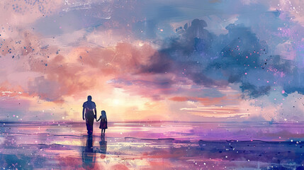 Wall Mural - black silhouette of super dad or father and child, fathers day special, on watercolor beach background art