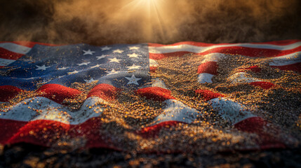 Wall Mural - Close up of waving national USA flag isolated on war background. Memorial Day, 4th of July independence day, Old textile flag of USA as a patriotic background. Generative AI Illustrations.