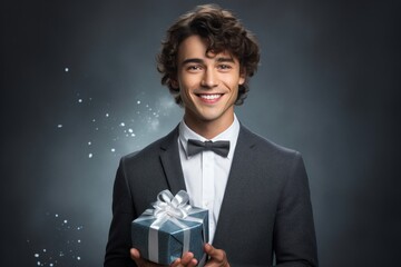 Portrait of a grinning man in his 20s holding a gift isolated in soft gray background