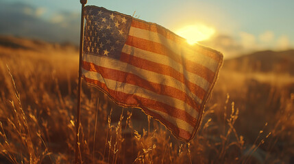 Wall Mural - Close up of waving national USA flag on nature background. Memorial Day, 4th of July independence day, Old textile flag of USA as a patriotic background. Generative AI Illustrations.