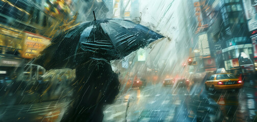 person wearing raincoat withstanding strong wind and heavy rain in a city street. extreme weather co