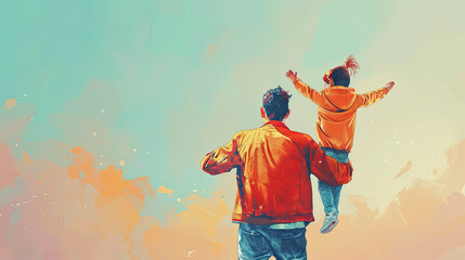 Wall Mural - rear view silhouette of super dad or father and child, fathers day special watercolor art 