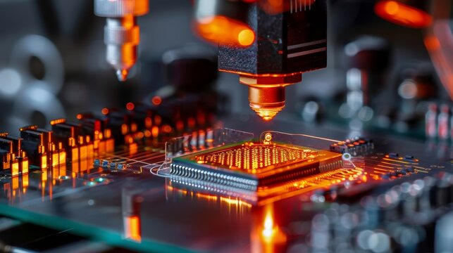 close-up of a high-precision machine soldering microchips, highlighted by glowing orange lights in a