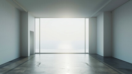 Wall Mural - Spacious and minimalistic empty room with a large floor-to-ceiling window offering a serene view of the ocean. The room features simple white walls and a shiny floor.