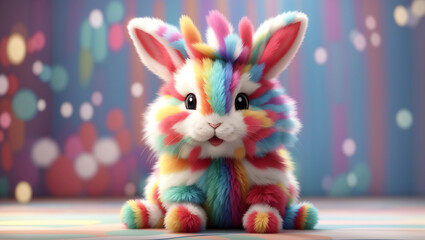  a 3D rendering of a fluffy white bunny rabbit with rainbow-colored fur, sitting in front of a rainbow-colored background with confetti falling.