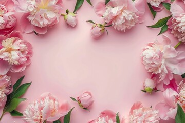 Wall Mural - frame made of beautiful peony flowers on a pink background. flat lay, copy space, summer flowers, sp
