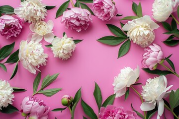 Wall Mural - frame made of beautiful peony flowers on a pink background. flat lay, copy space, summer flowers, sp