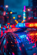 © MNStudio - Blue and red light flasher atop of a police car. City lights on the background.