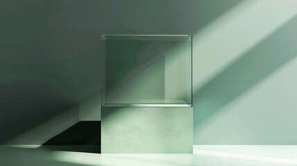 Poster - This image showcases an elegant, transparent glass box placed on a textured pedestal. The background is illuminated by soft natural light casting shadows, creating a minimalist and modern mood.