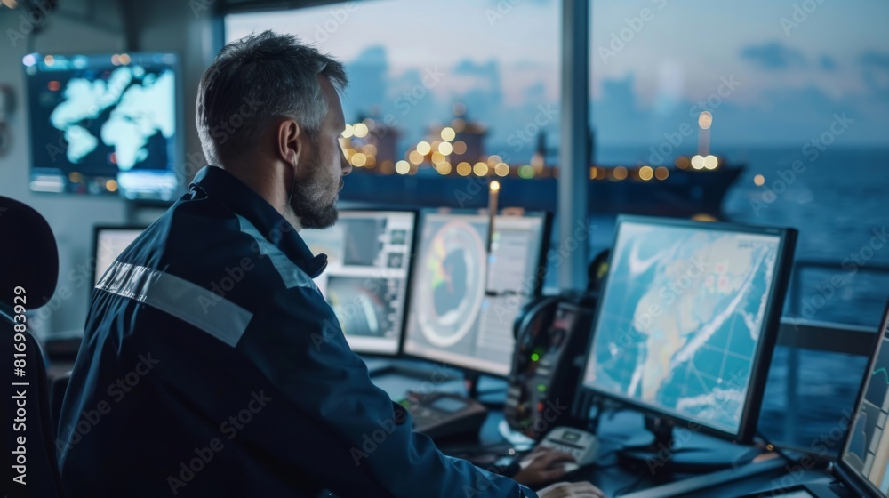 Depict a fleet manager monitoring multiple ships from a command center ...