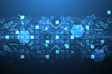 Aufkleber - Abstract circuit board and hexagons on gradient color background. Hi-tech digital technology concept.