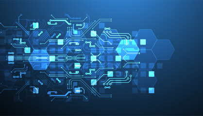 Aufkleber - Abstract circuit board and hexagons on gradient color background. Hi-tech digital technology concept.