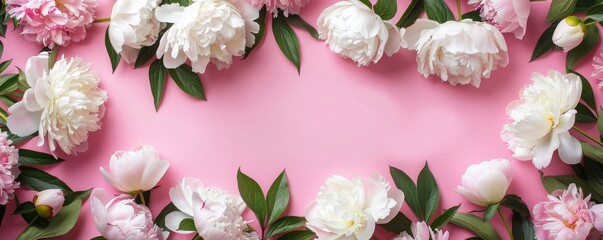 Wall Mural - frame made of beautiful peony flowers on a pink background. flat lay, copy space, summer flowers, sp